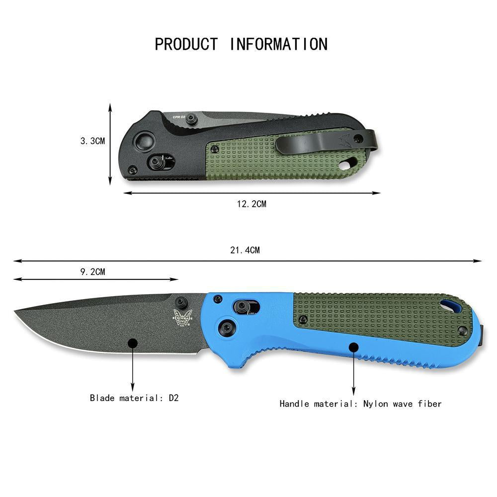 Benchmade 430 Redoubt AXIS Folding Pocket Knife 3.55" CPM-D2 Graphite Black Plain Blade, Gray and Blue Grivory Handles Benchmade 430BK Outdoor Tactical Camping Self defense EDCTool