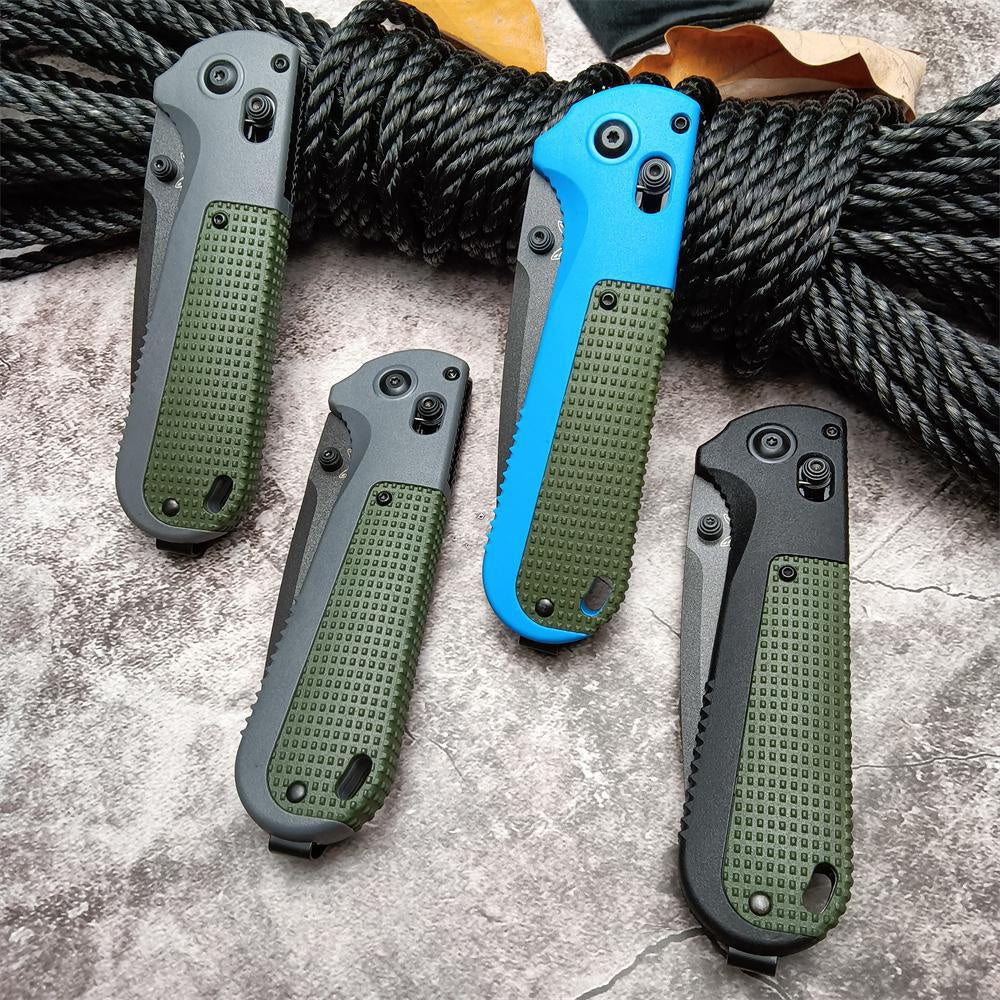 Benchmade 430 Redoubt AXIS Folding Pocket Knife 3.55" CPM-D2 Graphite Black Plain Blade, Gray and Blue Grivory Handles Benchmade 430BK Outdoor Tactical Camping Self defense EDCTool
