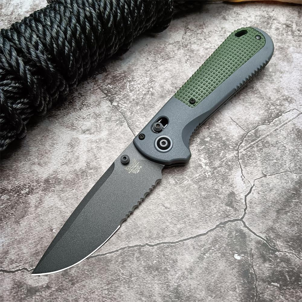 Benchmade 430 Redoubt AXIS Folding Pocket Knife 3.55" CPM-D2 Graphite Black Plain Blade, Gray and Blue Grivory Handles Benchmade 430BK Outdoor Tactical Camping Self defense EDCTool