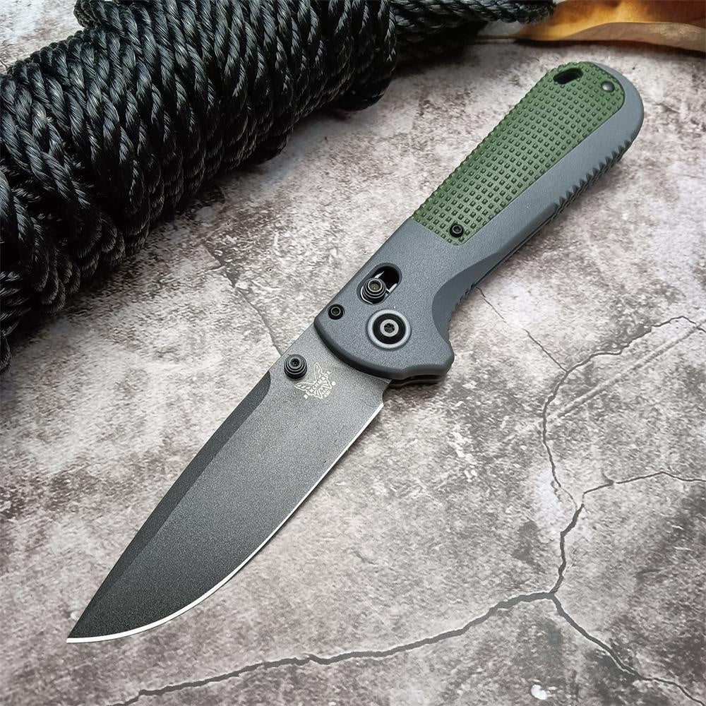Benchmade 430 Redoubt AXIS Folding Pocket Knife 3.55" CPM-D2 Graphite Black Plain Blade, Gray and Blue Grivory Handles Benchmade 430BK Outdoor Tactical Camping Self defense EDCTool