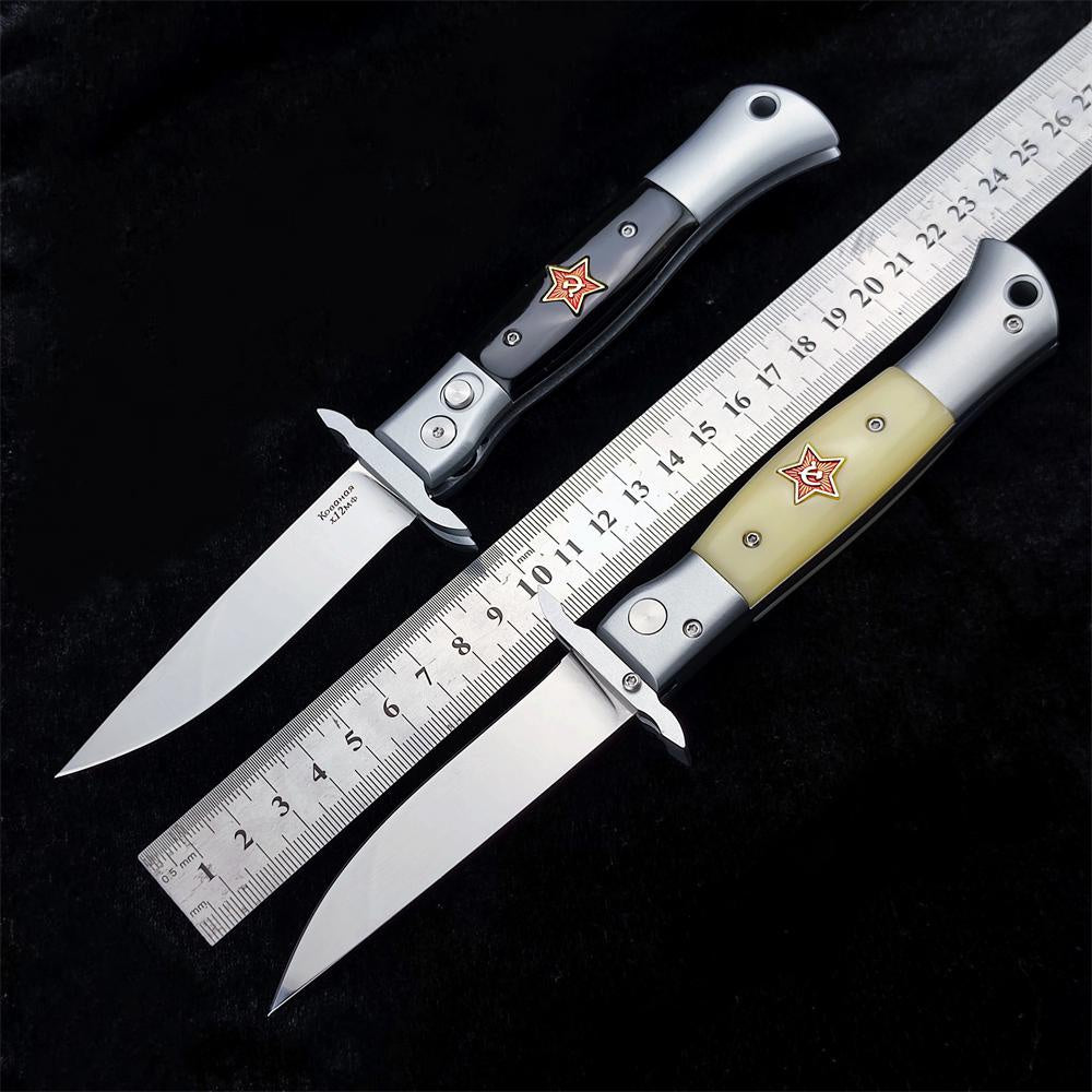 2023 NEW Finka NKVD Auto Out of The Side Knife 3.74" Mirror Polished Blade Aluminium Inlay Resin For Aviation Handle With Leather Sheath Edc Survival Tactical Blade Spring Assisted Pocket Knife