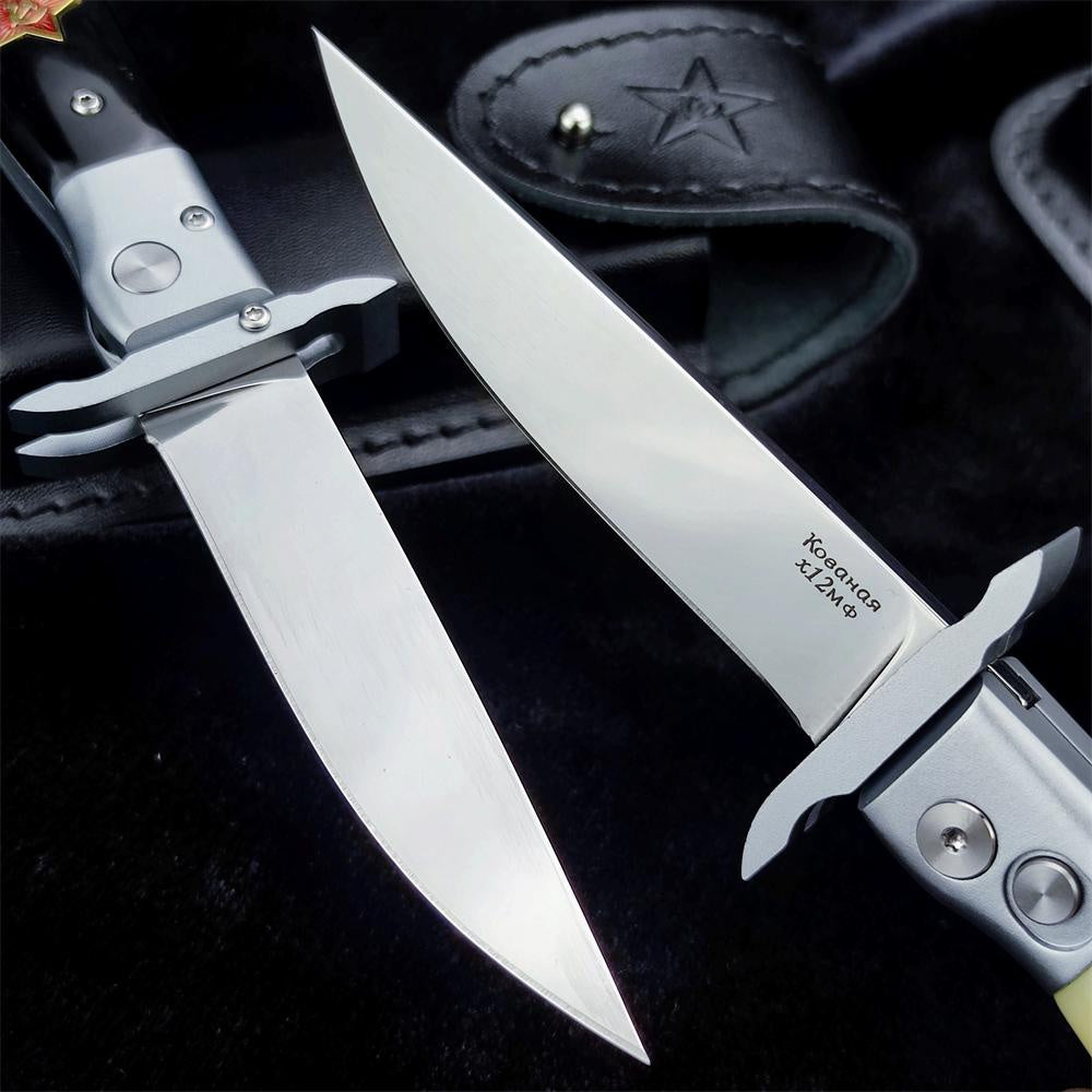 2023 NEW Finka NKVD Auto Out of The Side Knife 3.74" Mirror Polished Blade Aluminium Inlay Resin For Aviation Handle With Leather Sheath Edc Survival Tactical Blade Spring Assisted Pocket Knife