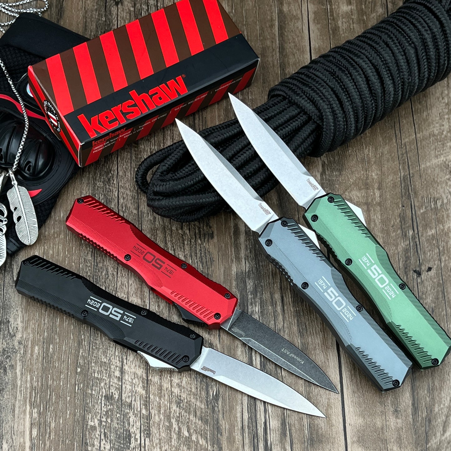 9000K50 Matt Diskin Commemorative Livewire OTF AUTO Knife 3.3" CPM-MagnaCut Stonewashed Spear Point Blade, 50th Anniversary Black Aluminum Handles, Reversible Clip