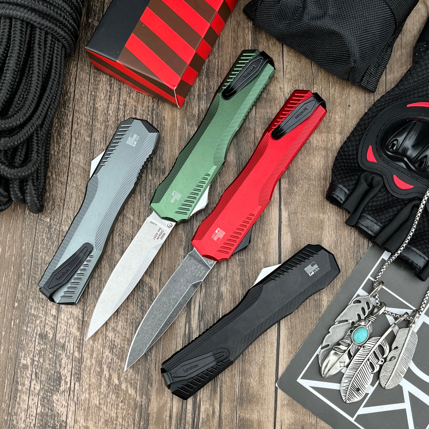 9000K50 Matt Diskin Commemorative Livewire OTF AUTO Knife 3.3" CPM-MagnaCut Stonewashed Spear Point Blade, 50th Anniversary Black Aluminum Handles, Reversible Clip