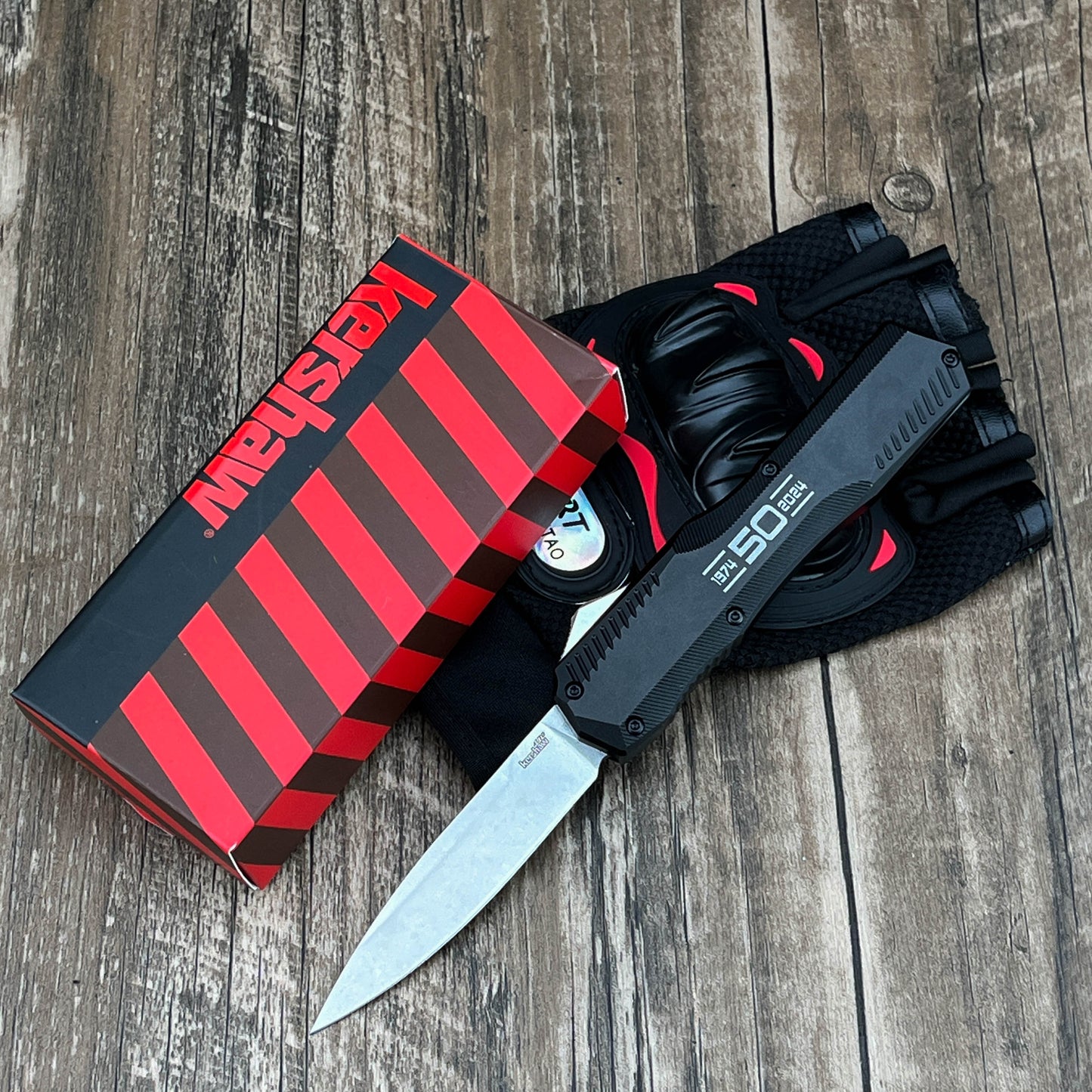 9000K50 Matt Diskin Commemorative Livewire OTF AUTO Knife 3.3" CPM-MagnaCut Stonewashed Spear Point Blade, 50th Anniversary Black Aluminum Handles, Reversible Clip