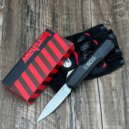9000K50 Matt Diskin Commemorative Livewire OTF AUTO Knife 3.3" CPM-MagnaCut Stonewashed Spear Point Blade, 50th Anniversary Black Aluminum Handles, Reversible Clip