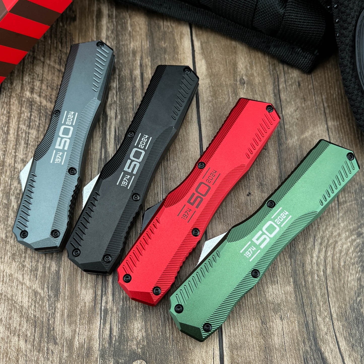 9000K50 Matt Diskin Commemorative Livewire OTF AUTO Knife 3.3" CPM-MagnaCut Stonewashed Spear Point Blade, 50th Anniversary Black Aluminum Handles, Reversible Clip