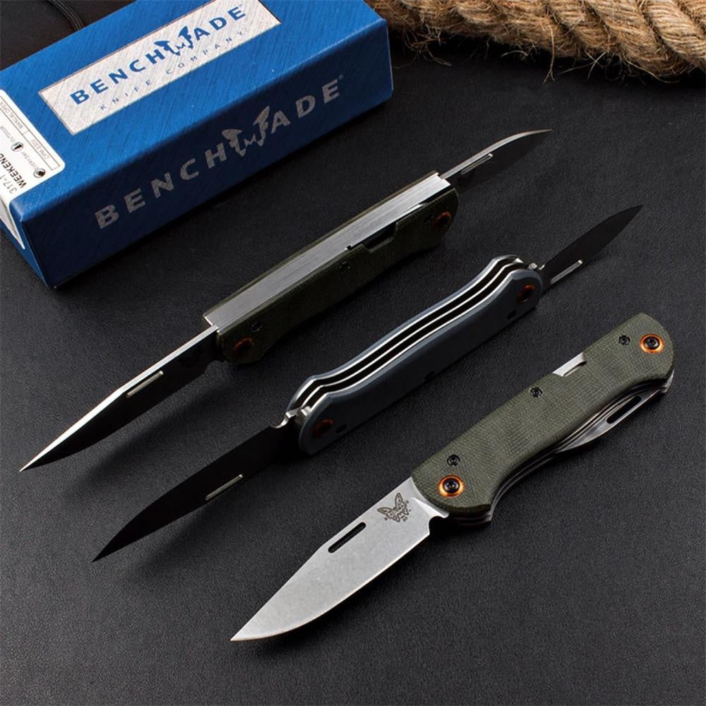Benchmade Weekender 317 Double Blade Folding Pocket Knife Slide Switch S30V Steel Blade Blue G10 Handle/Green Linen Handle Outdoor Survival Self-Defense Tool EDC Bottle Opener