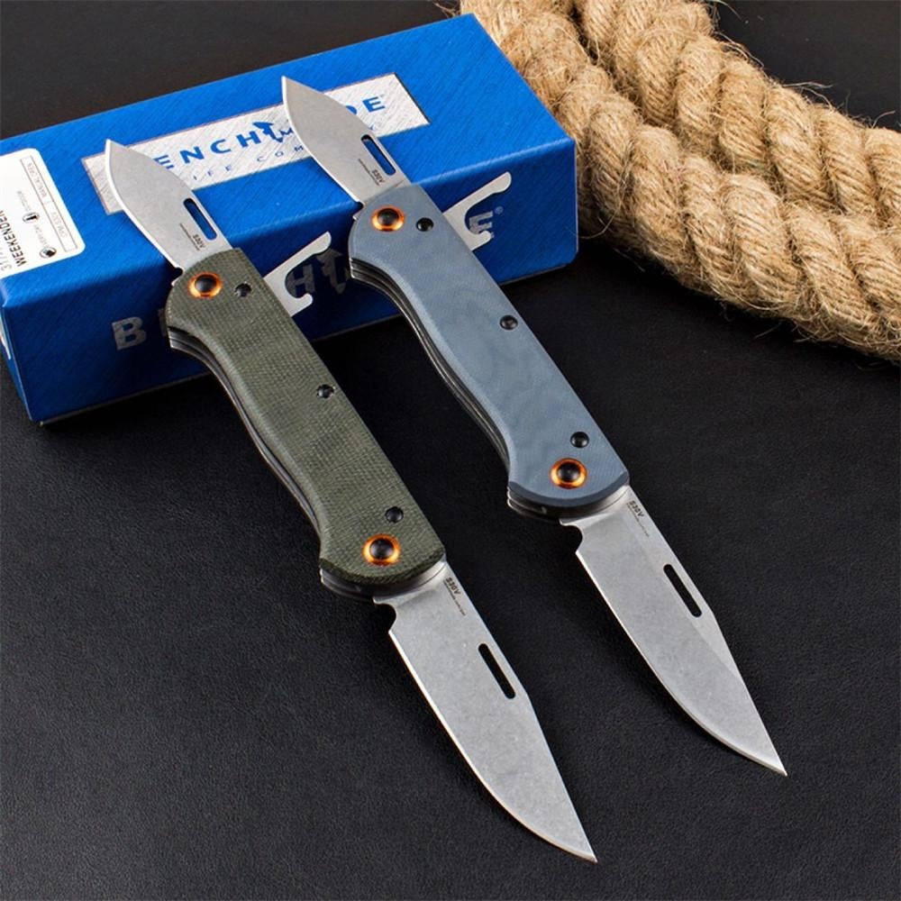 Benchmade Weekender 317 Double Blade Folding Pocket Knife Slide Switch S30V Steel Blade Blue G10 Handle/Green Linen Handle Outdoor Survival Self-Defense Tool EDC Bottle Opener