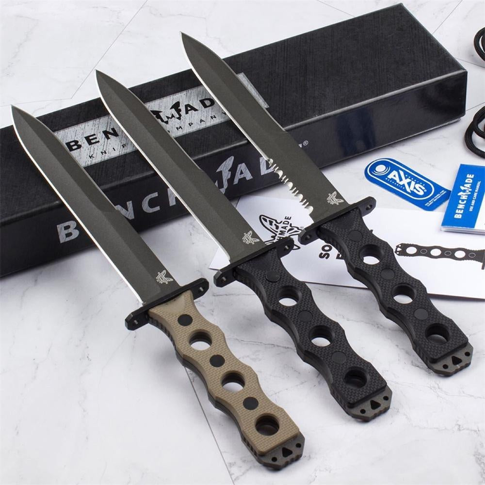 Benchmade 185BK SOCP Special Tactics Bushcraft Fixed Blade Knife 7.11" CPM-3V Black Double Edge Plain Dagger Blade G10 Handles Outdoor Hunting Camping Self Defense Combat Military Knife