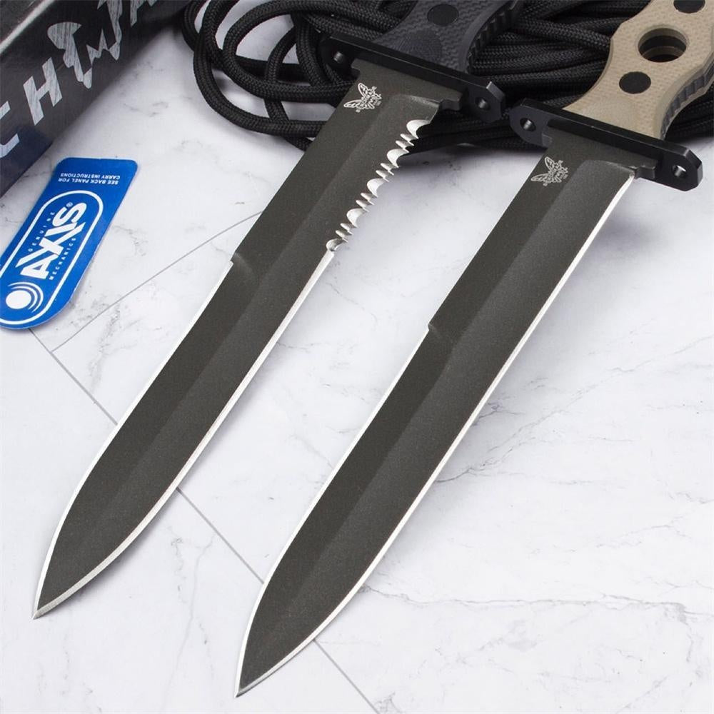 Benchmade 185BK SOCP Special Tactics Bushcraft Fixed Blade Knife 7.11" CPM-3V Black Double Edge Plain Dagger Blade G10 Handles Outdoor Hunting Camping Self Defense Combat Military Knife