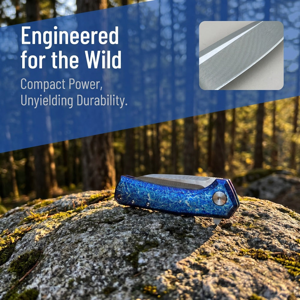 ZT0808 D2 Steel Flipper Folding Pocket Knife Anodized Blue Flame Pattern Titanium Alloy Handle
