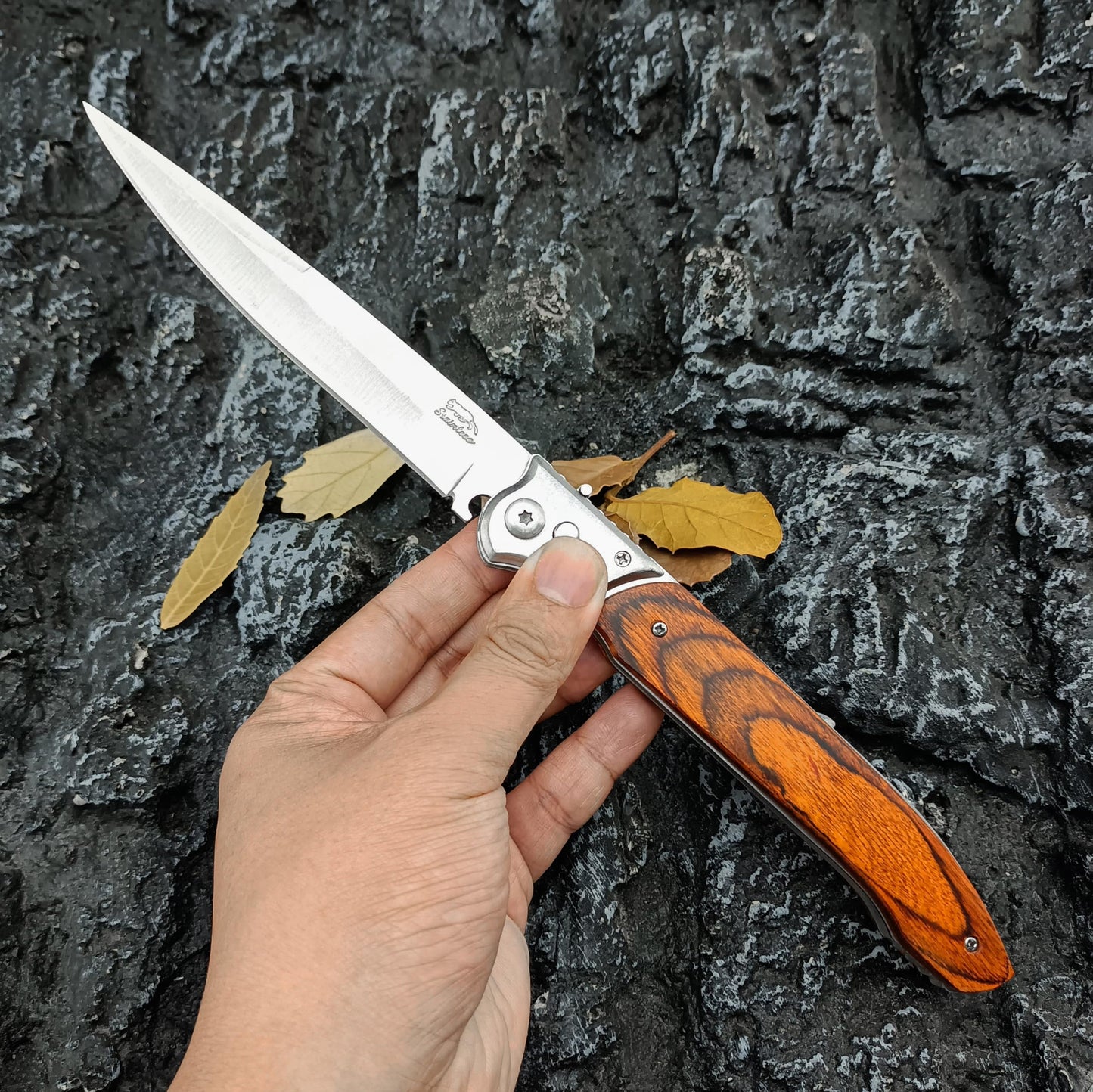 12" Large Pocket Knife，Multifunctional Folding Knives，Gifts for Men，Stainless Steel Blade and Wooden Handle，Portable Tool for Camping，Hiking