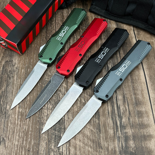 9000K50 Matt Diskin Commemorative Livewire OTF AUTO Knife 3.3" CPM-MagnaCut Stonewashed Spear Point Blade, 50th Anniversary Black Aluminum Handles, Reversible Clip