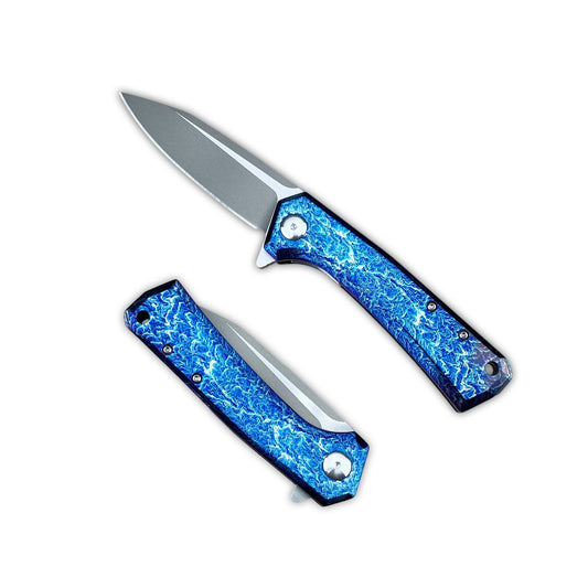 ZT0808 D2 Steel Flipper Folding Pocket Knife Anodized Blue Flame Pattern Titanium Alloy Handle