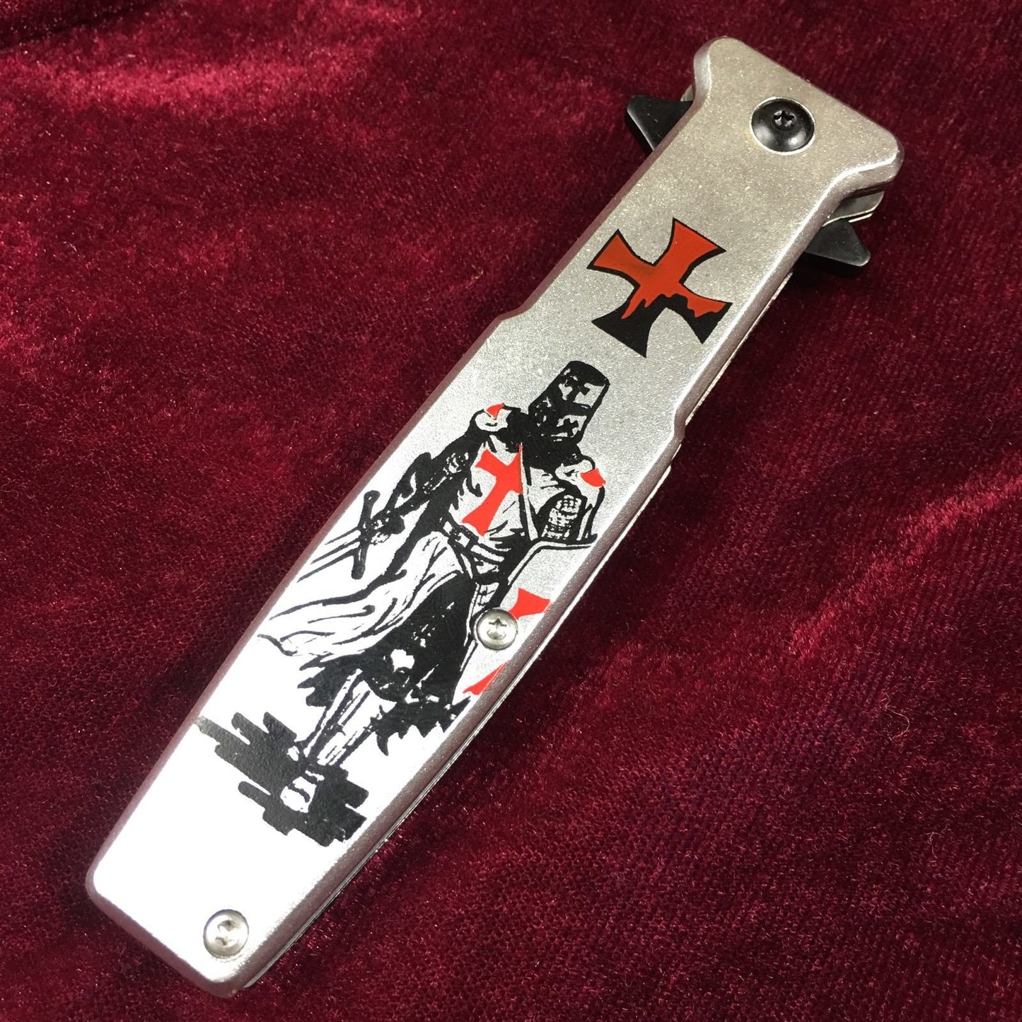 7cr13 Material Knight Pattern Tactical Knife, Silver & Black Handle Aluminum Alloy Folding Knife Rescue Knife Self-defense Knife Bayonet