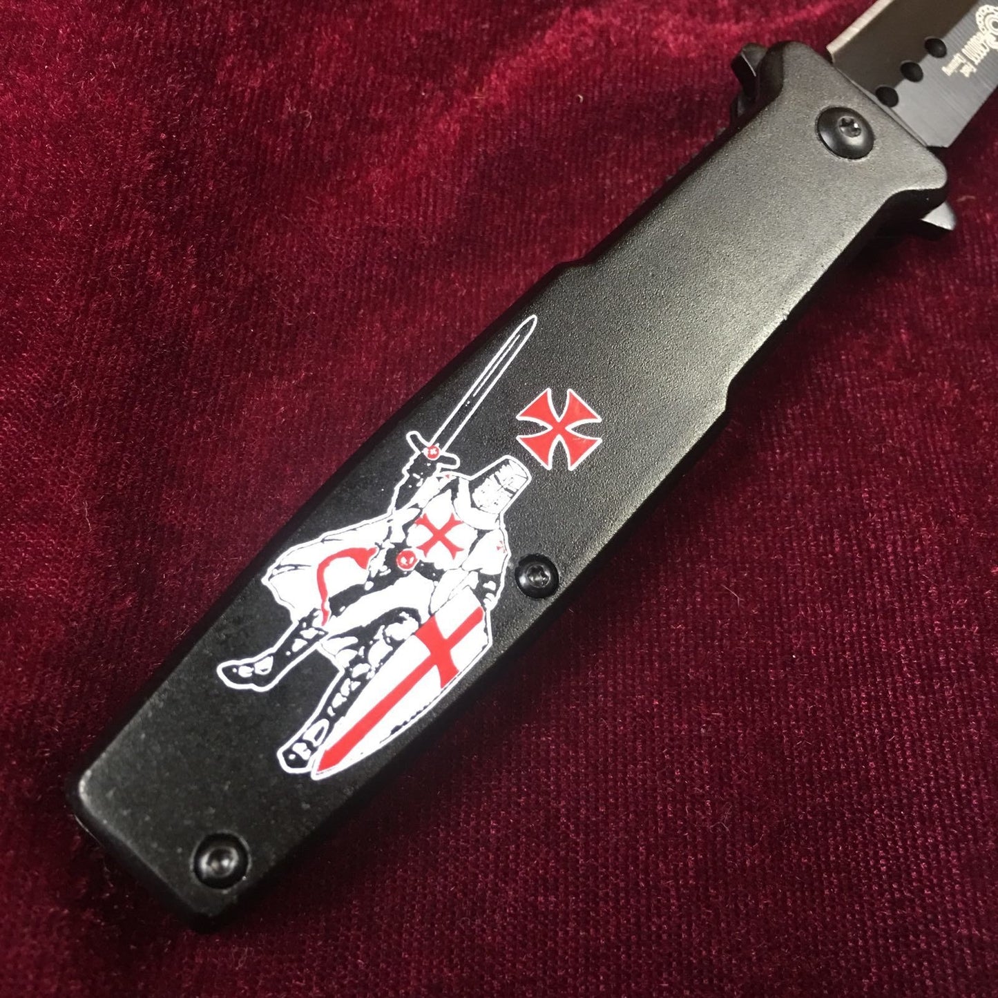 7cr13 Material Knight Pattern Tactical Knife, Silver & Black Handle Aluminum Alloy Folding Knife Rescue Knife Self-defense Knife Bayonet