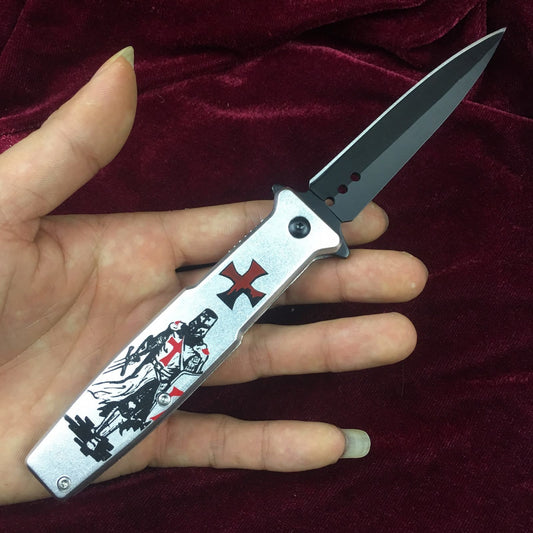 7cr13 Material Knight Pattern Tactical Knife, Silver & Black Handle Aluminum Alloy Folding Knife Rescue Knife Self-defense Knife Bayonet