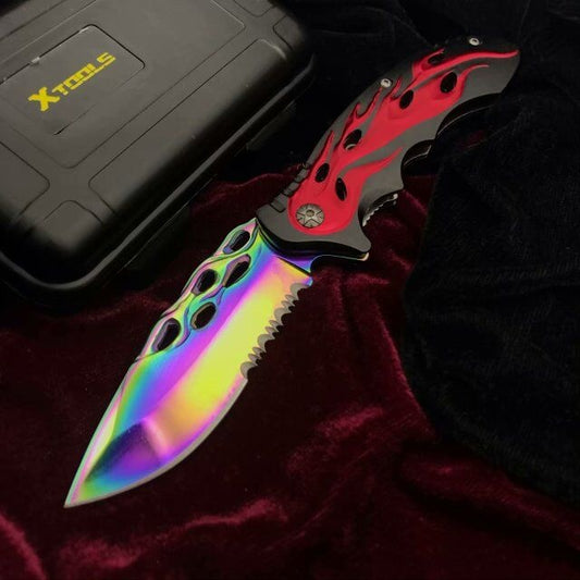 Folding pocket knife spring auxiliary knife quickly open red and black pattern handle survival camp knife practical tactical knife rainbow plated titanium