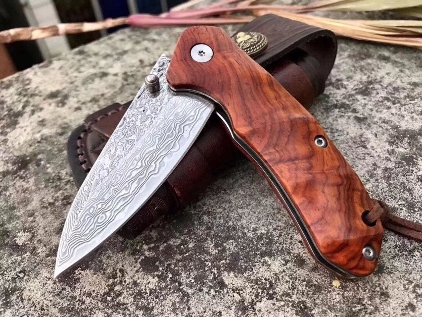 Little Damascus VG10 steel core pocket knife small pocket knife mahogany handle collect gift carry-on key chain knife