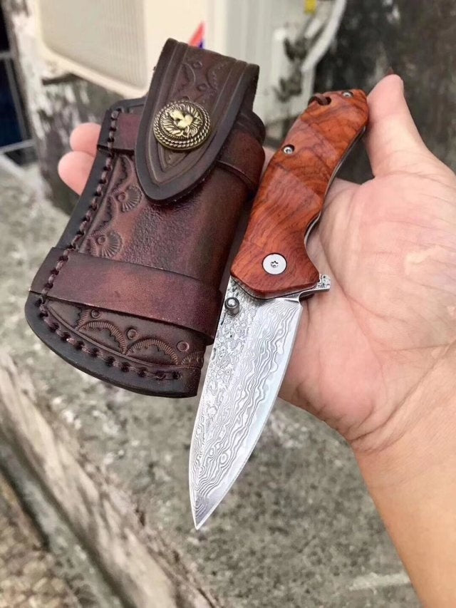 Little Damascus VG10 steel core pocket knife small pocket knife mahogany handle collect gift carry-on key chain knife