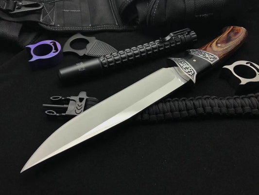 Columbia Tactical straight knife fixed blade 3CR13 hunting camping survival knife, double steel head carved + imported color wood handle, tactical pocket knife outdoor practical knife EDC tool nylon sheath