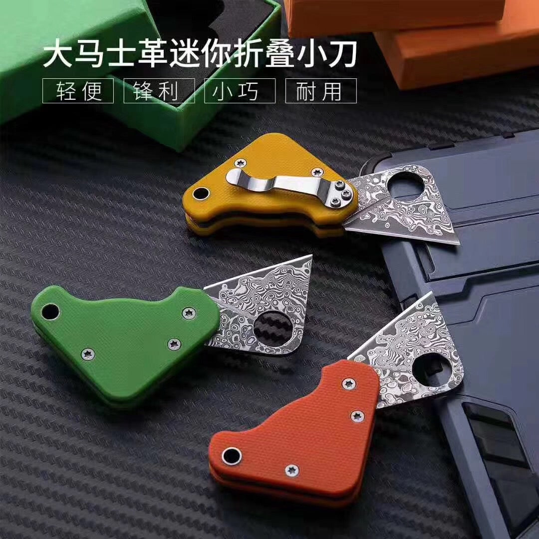"2019 latest" damascus， square mini pocket knife, folding knife, sharp EDC tool G10 handle key chain, birthday gift collection