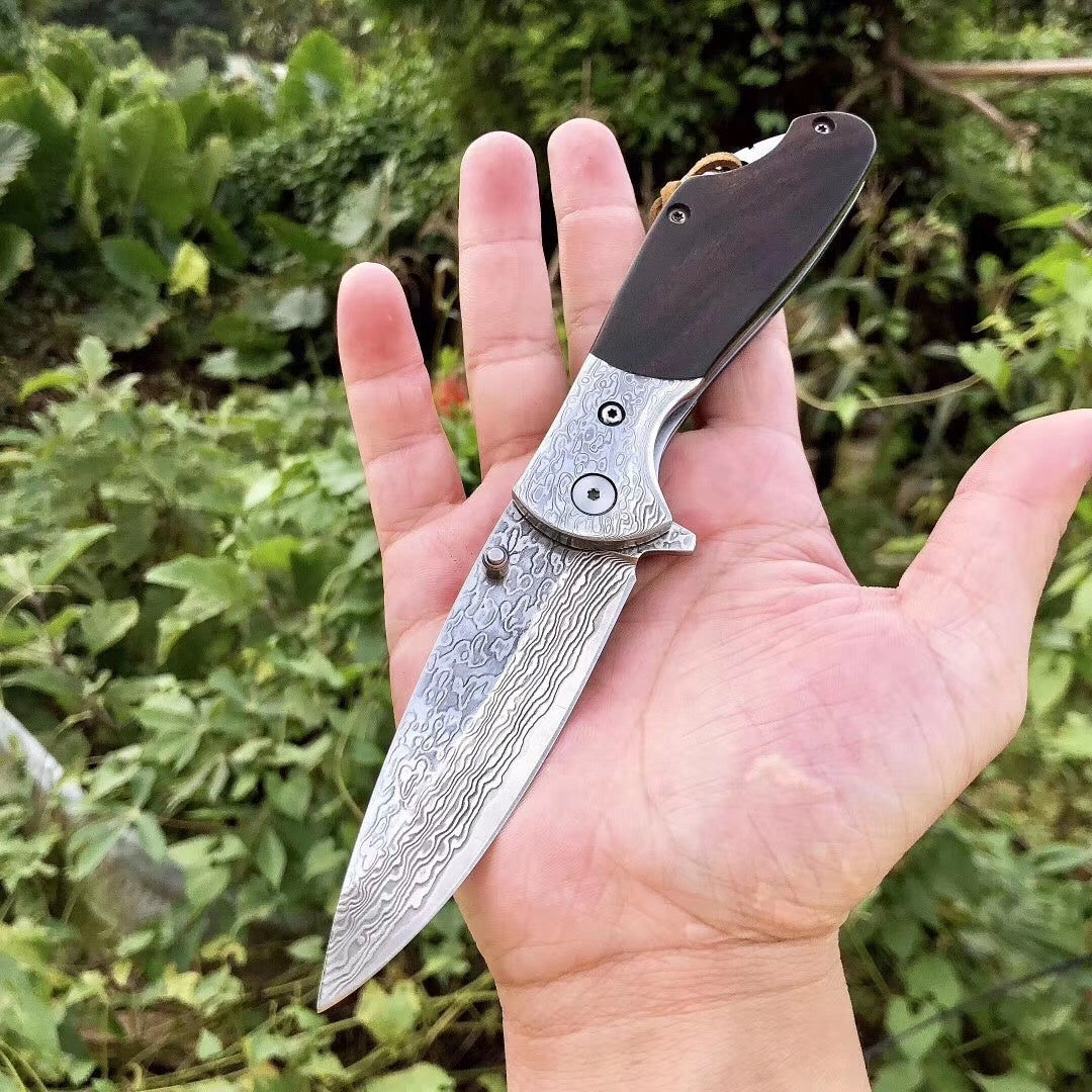 Imported Damascus steel, VG10 steel core bearing quick open folding knife, ebonwood handle, spring assisted pocket knife camping outdoor tools