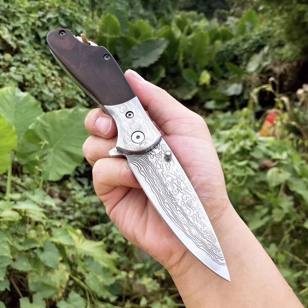 Imported Damascus steel, VG10 steel core bearing quick open folding knife, ebonwood handle, spring assisted pocket knife camping outdoor tools