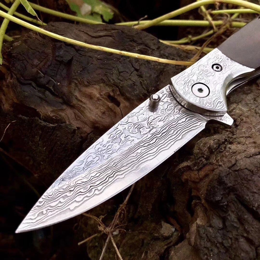 Imported Damascus steel, VG10 steel core bearing quick open folding knife, ebonwood handle, spring assisted pocket knife camping outdoor tools