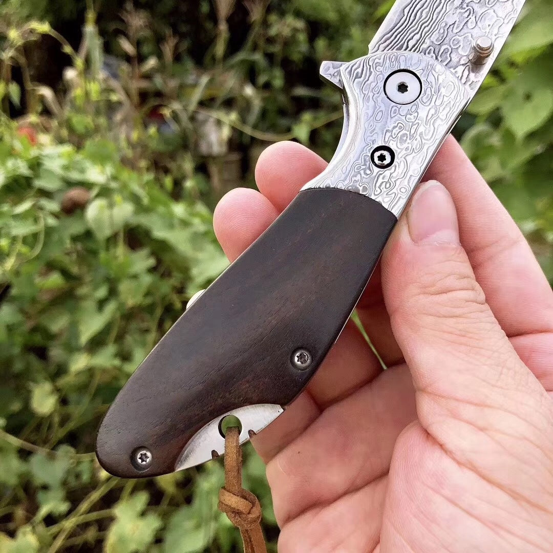 Imported Damascus steel, VG10 steel core bearing quick open folding knife, ebonwood handle, spring assisted pocket knife camping outdoor tools