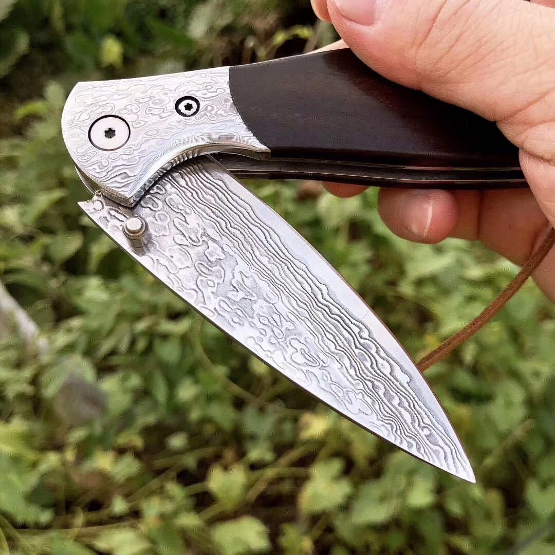 Imported Damascus steel, VG10 steel core bearing quick open folding knife, ebonwood handle, spring assisted pocket knife camping outdoor tools