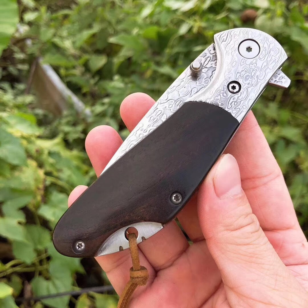 Imported Damascus steel, VG10 steel core bearing quick open folding knife, ebonwood handle, spring assisted pocket knife camping outdoor tools