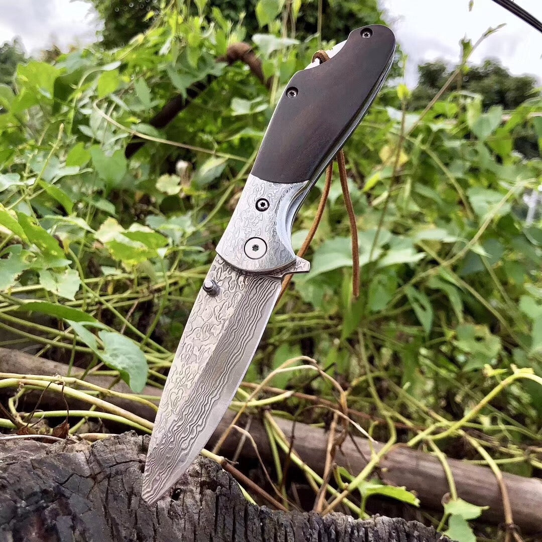 Imported Damascus steel, VG10 steel core bearing quick open folding knife, ebonwood handle, spring assisted pocket knife camping outdoor tools