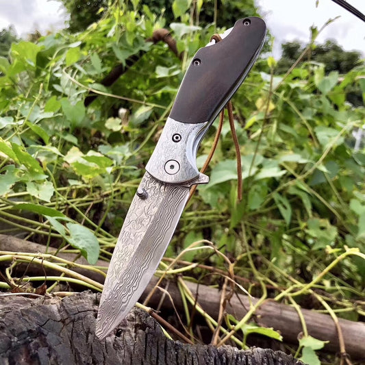 Imported Damascus steel, VG10 steel core bearing quick open folding knife, ebonwood handle, spring assisted pocket knife camping outdoor tools