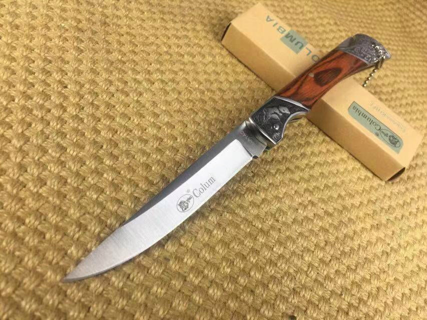 Columbia Folding pocket knife 3Cr13Mov tactical outdoor, all steel engraved + colorful wood handle hunting camping knife adventure and EDC tools