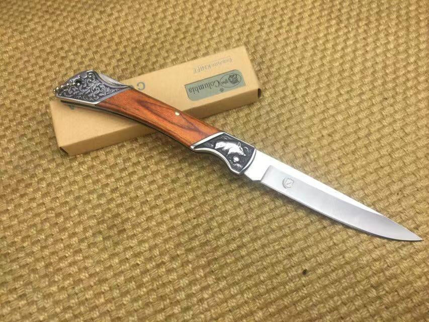 Columbia Folding pocket knife 3Cr13Mov tactical outdoor, all steel engraved + colorful wood handle hunting camping knife adventure and EDC tools