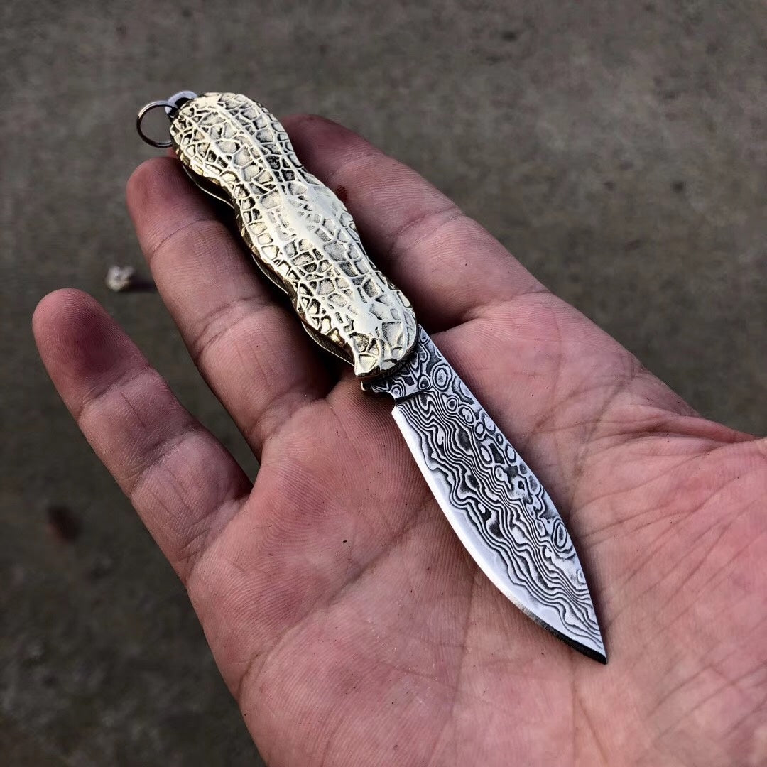 Mini peanut shape folding knife Damascus VG10 pocket knife key chain multi-function gift knife