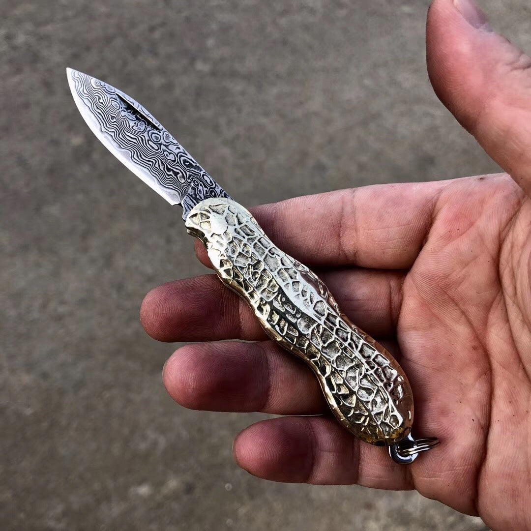 Mini peanut shape folding knife Damascus VG10 pocket knife key chain multi-function gift knife