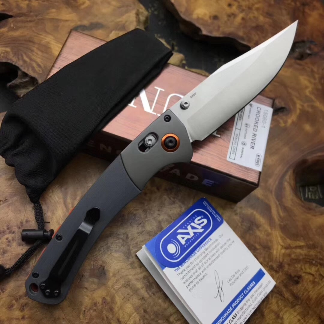 BENCHMADE "Butterfly hunt curved river folding 4.00" "S30V clip point blade grey aluminum bolt shaft lock mechanism pocket knife" G10 handle