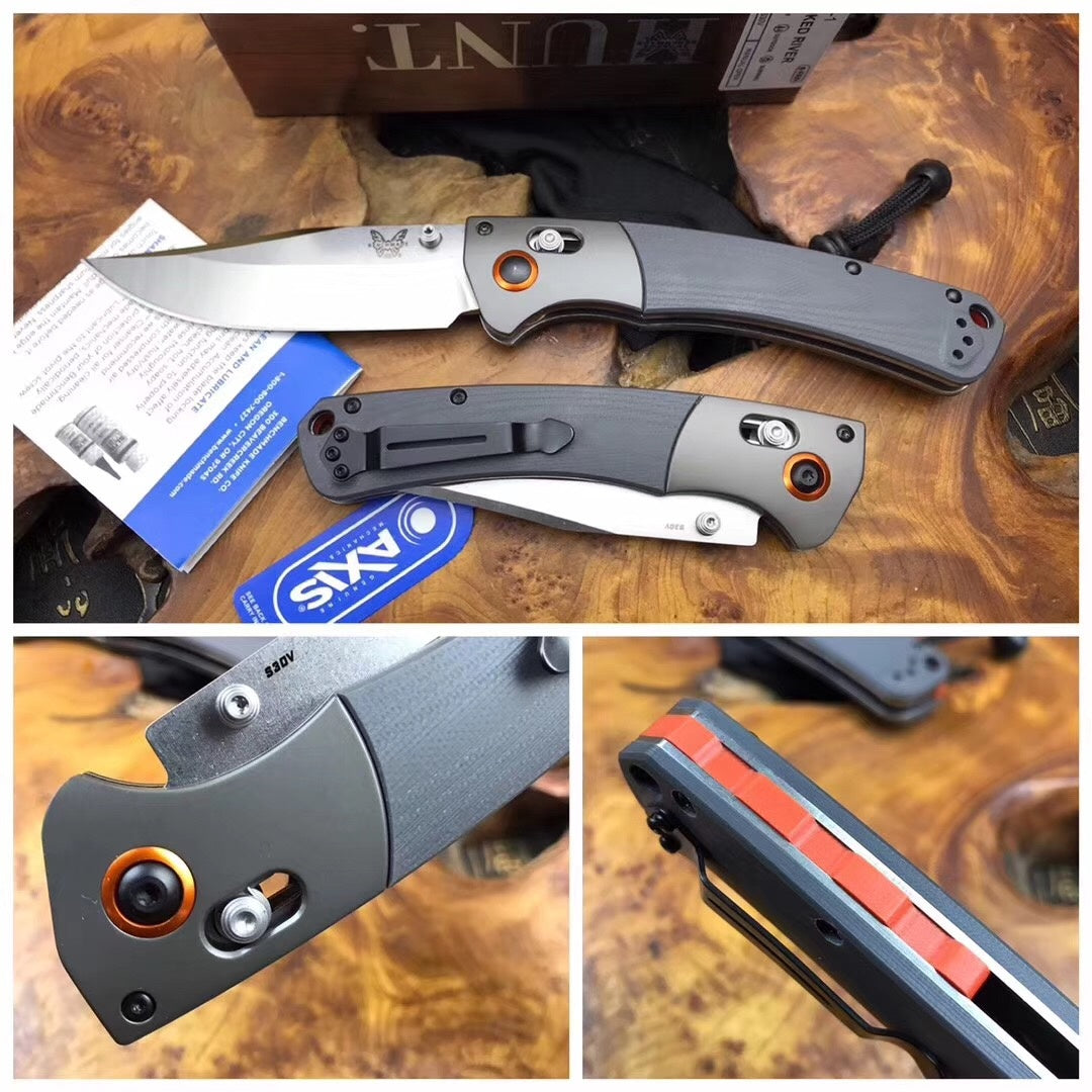 BENCHMADE "Butterfly hunt curved river folding 4.00" "S30V clip point blade grey aluminum bolt shaft lock mechanism pocket knife" G10 handle