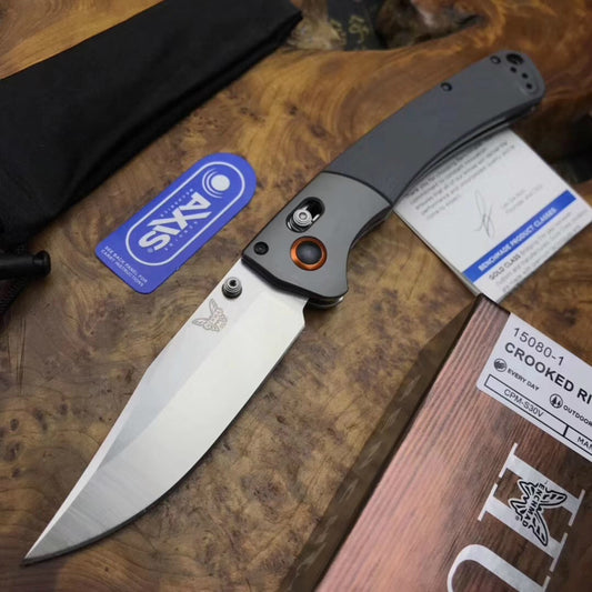 BENCHMADE "Butterfly hunt curved river folding 4.00" "S30V clip point blade grey aluminum bolt shaft lock mechanism pocket knife" G10 handle