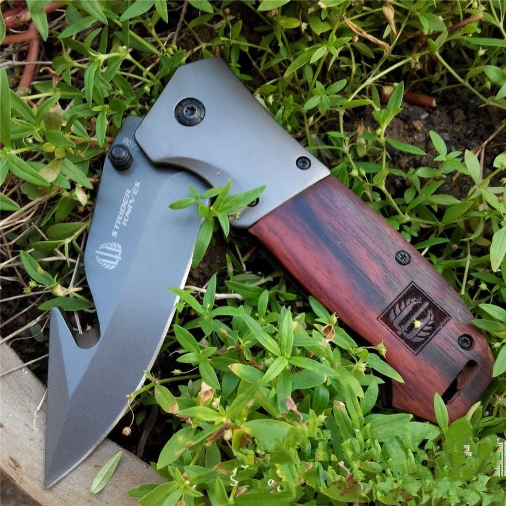 Assisted Open Knife Outdoor Folding Pocket Knife Cutting Tool Portable Survival Camping Self-defense Knife Wood Handle with Hook