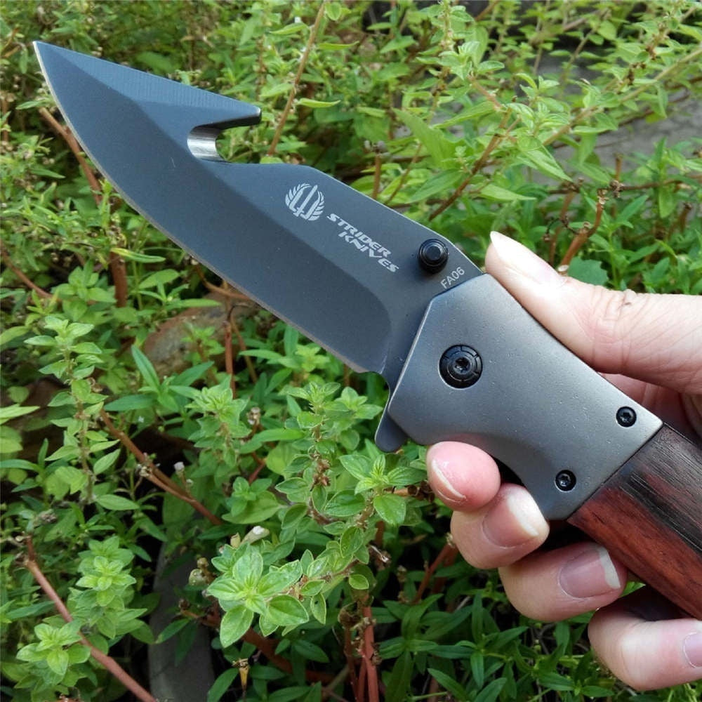 Assisted Open Knife Outdoor Folding Pocket Knife Cutting Tool Portable Survival Camping Self-defense Knife Wood Handle with Hook