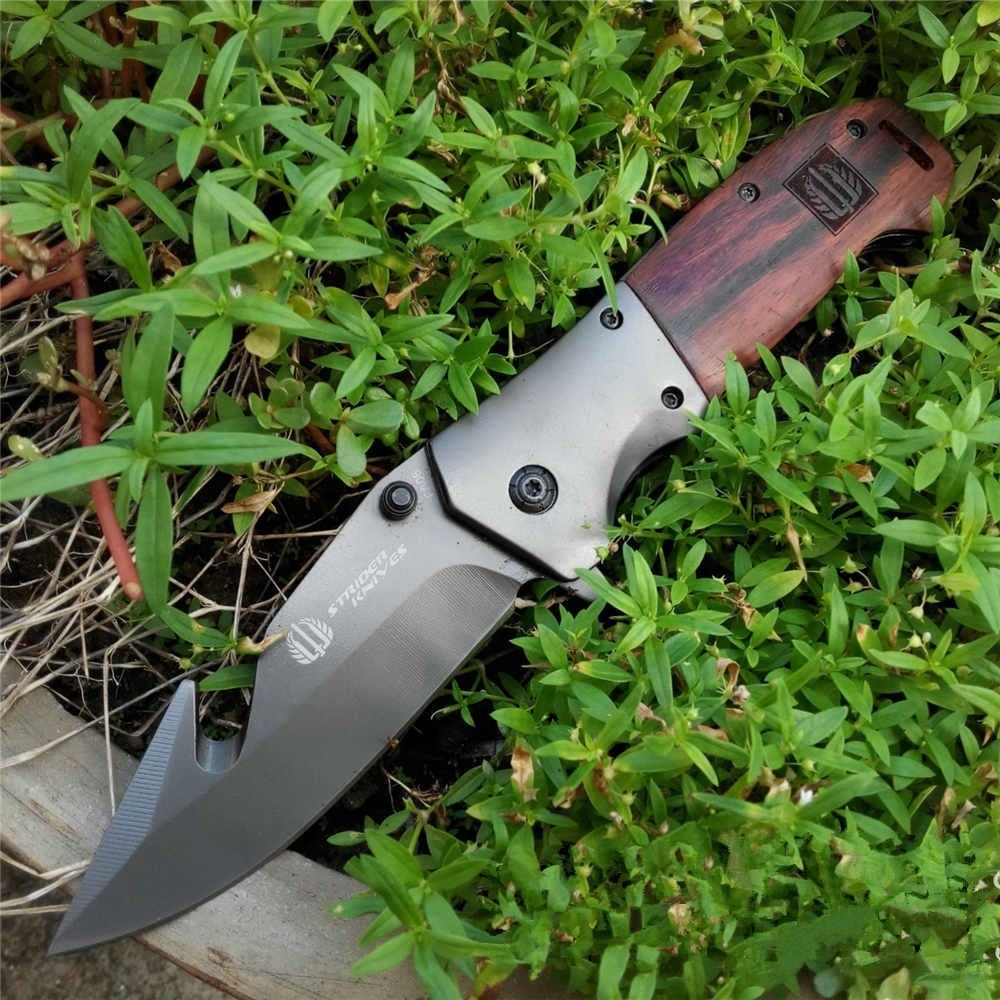 Assisted Open Knife Outdoor Folding Pocket Knife Cutting Tool Portable Survival Camping Self-defense Knife Wood Handle with Hook