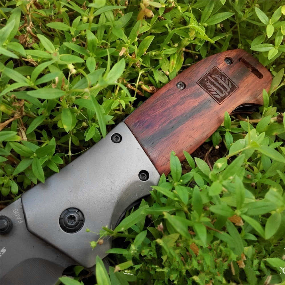 Assisted Open Knife Outdoor Folding Pocket Knife Cutting Tool Portable Survival Camping Self-defense Knife Wood Handle with Hook