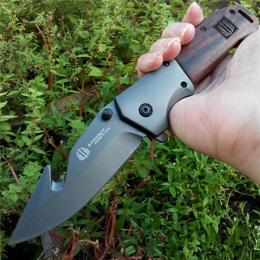 Assisted Open Knife Outdoor Folding Pocket Knife Cutting Tool Portable Survival Camping Self-defense Knife Wood Handle with Hook