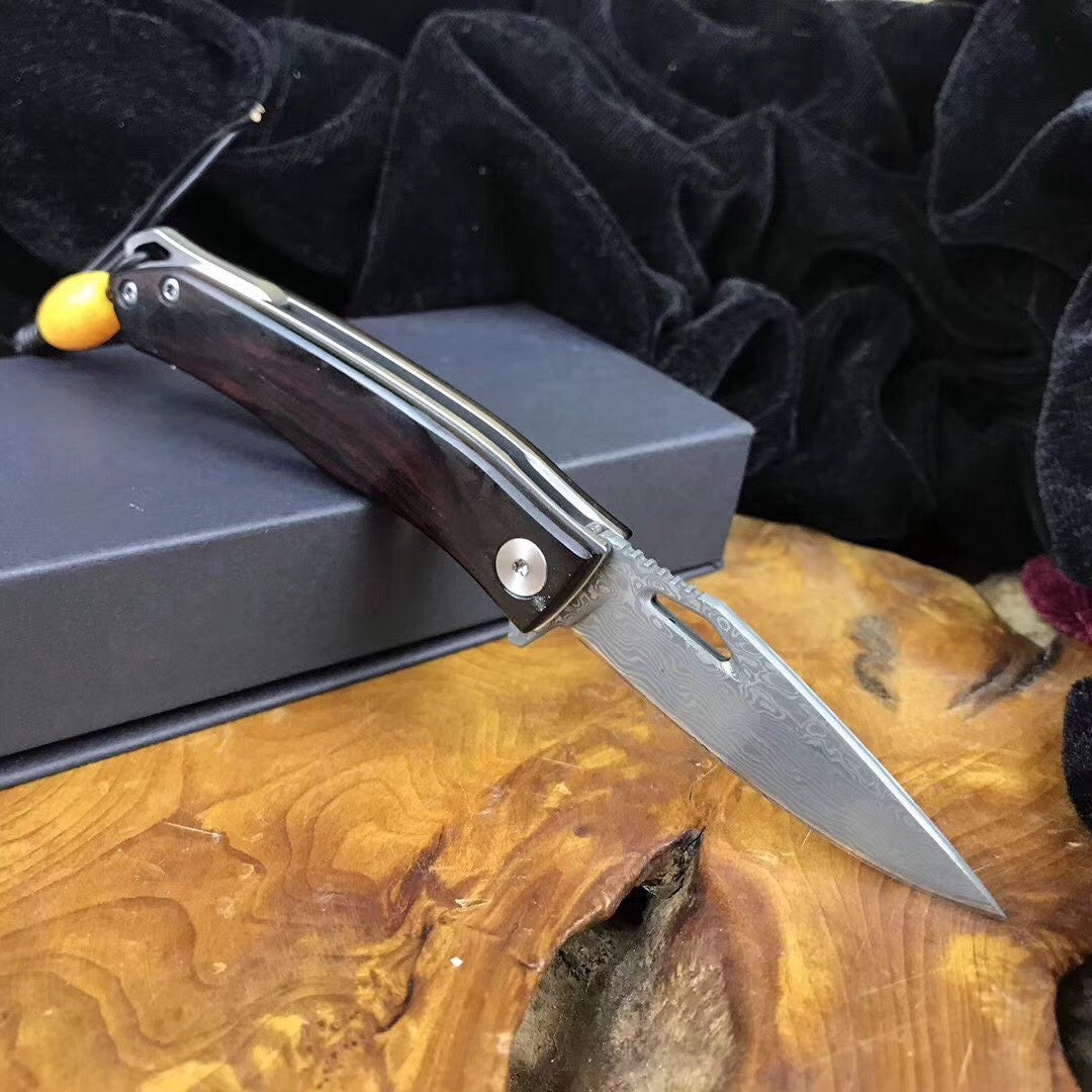 "Small Damascus steel" folding knife small pocket knife wooden handle collection gift carry-on key chain outdoor survival camping hunting knife