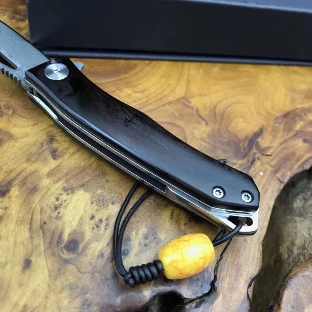 "Small Damascus steel" folding knife small pocket knife wooden handle collection gift carry-on key chain outdoor survival camping hunting knife