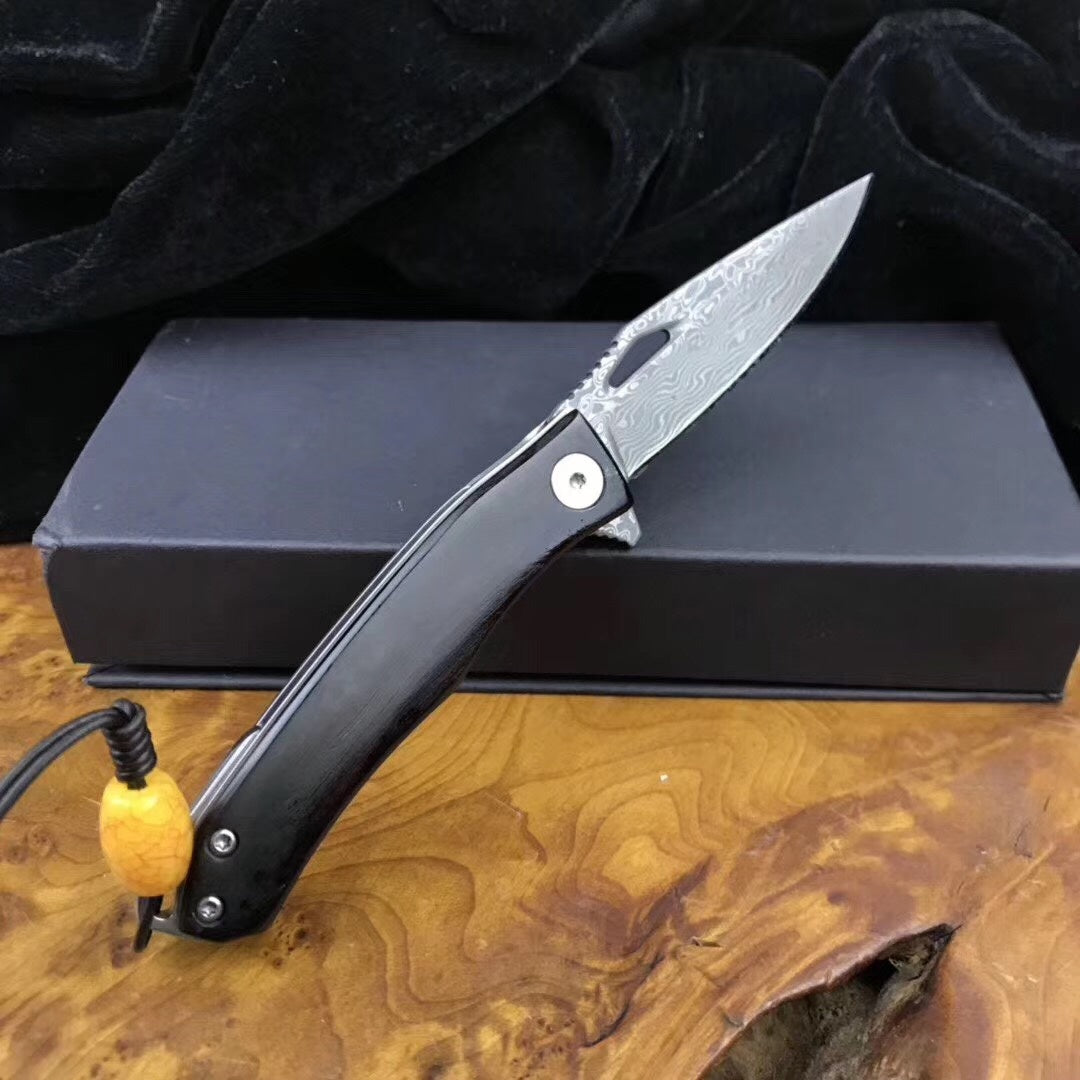 "Small Damascus steel" folding knife small pocket knife wooden handle collection gift carry-on key chain outdoor survival camping hunting knife